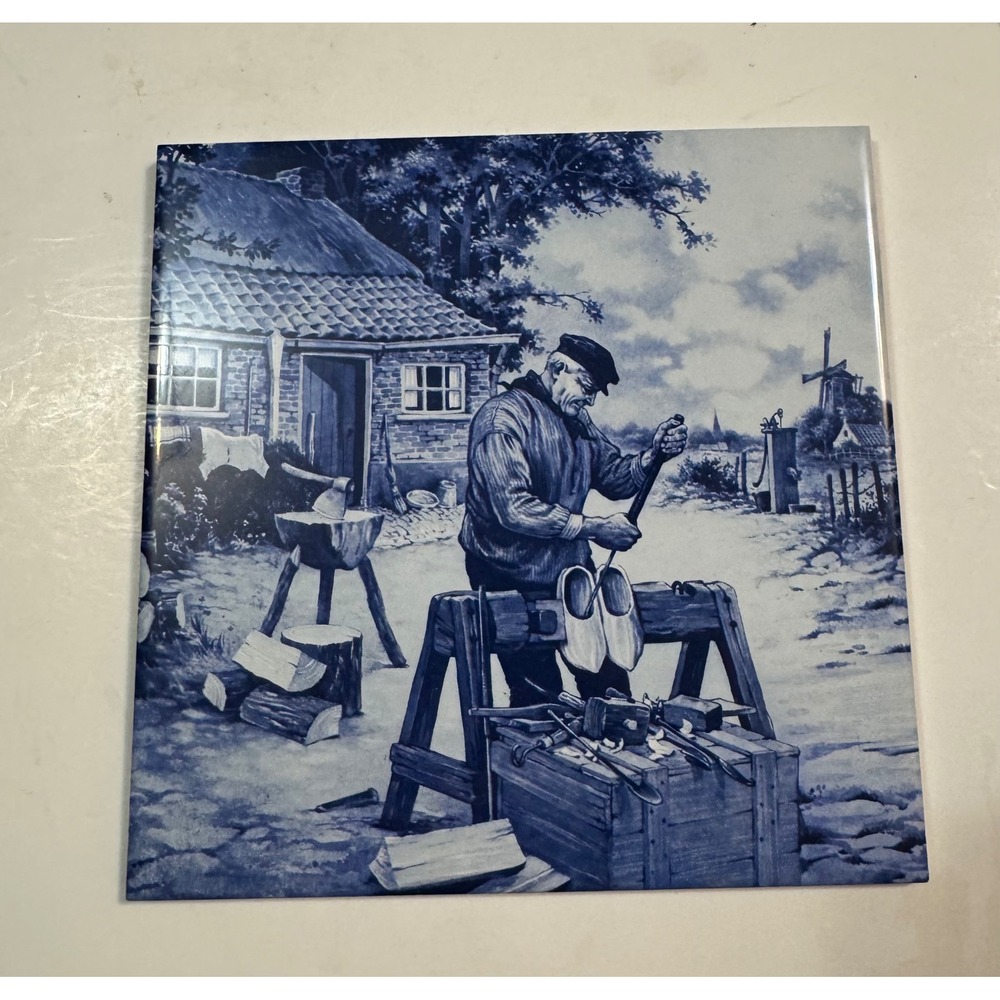 Delft Blue Dutch Clog Maker Windmill Scene Ceramic Wall Tile 6x6 Blue White